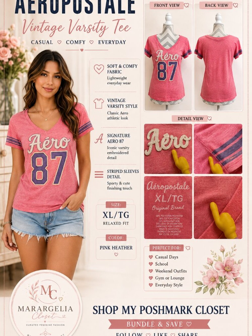 Aeropostale Y2K Aero 87 Varsity Graphic V Neck Tee Pink XL